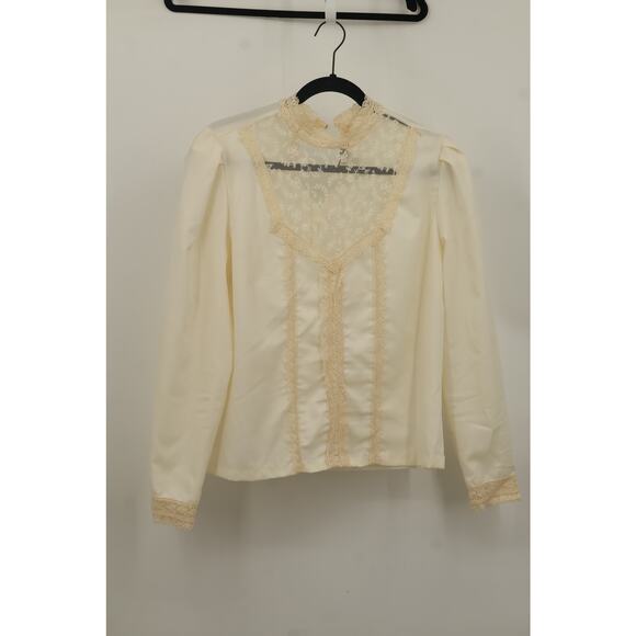 Alice Stuart Womens High Neck Lace Trim Pleated Blouse Long Sleeve Size 12 Cream - Picture 1 of 6